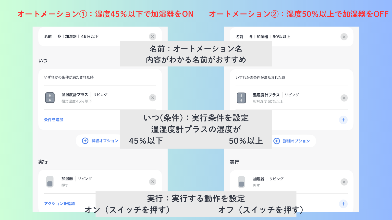 SwitchBotで湿度45%以下で加湿器をON、50%以上でOFFにするオートメーション設定例