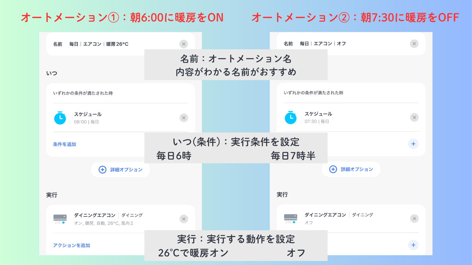 SwitchBotの朝6時に暖房をON、朝7時30分にOFFにするオートメーション設定例